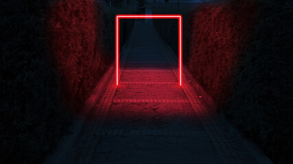 Red neon frame over a nature path