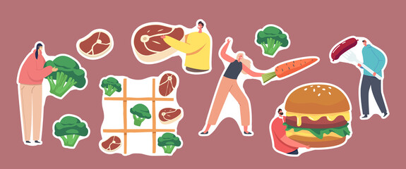 Set of Stickers Healthy and Unhealthy Eating, Vegetarian and Meat Food Theme. Tic-tac-toe Game, Characters Fencing