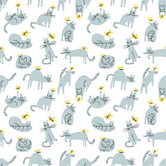 Seamless pattern with funny cats playing with butterflies. Background with domestic pets in incomlete cute childrens style. Vector illustration for surface designs, wallpapers, textile and fabrics - 420497910