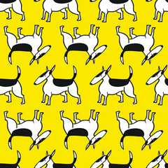 Bull terrier dogs seamless pattern. Background with pets character in doodle simple style. Vector illustration for fabric, textile, wrapping, other surfaces - 420497920