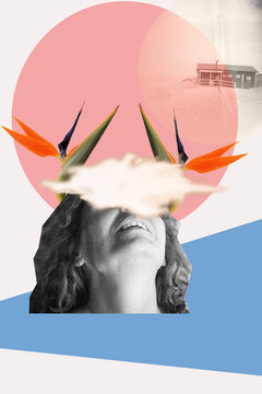 collage mixed media of woman dreaming her hometown