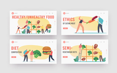 Healthy and Unhealthy Food Landing Page Template Set. Tiny Characters Playing Huge Tic-tac-toe with Meat and Vegetables