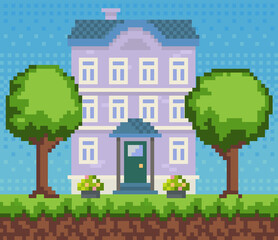 House surrounded by green spaces and plants. Building with many windows for pixel game design
