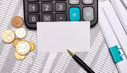 The office desktop contains reports, a calculator, cash, a pen and a white card with a place to...