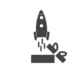 Rocket vector icon flying out of the box on white isolated background.