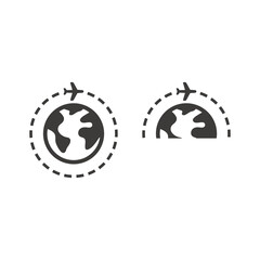 Airplane with planet or globe black vector icon. Around the world trip, earth with plane, travel symbol.