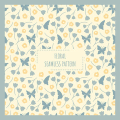 Butterflies and flowers vector seamless pattern. Retro floral and butterfly print for paper and fabric in blue and yellow.