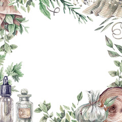 Watercolor frame with pharmacy bottle and organic healthy herbs. Green and dry herbs for aromatherapy, medicine, organic cosmetics. Health care product