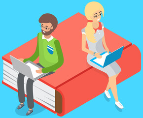 Online library concept. Books in laptop. Young people love to read sitting on large red book