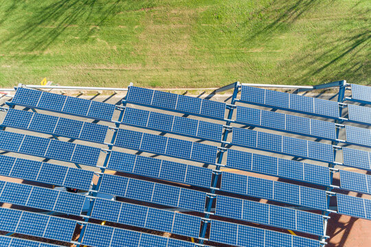 Aerial overview of multiple solars on covered walkway