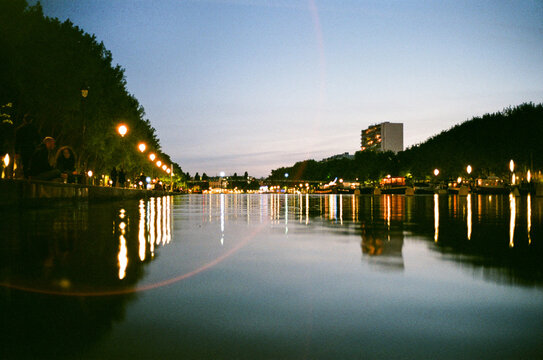 The canal de l'Ourcq in Paris at dusk
