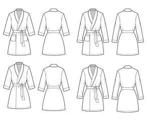 Set of Bathrobes Dressing gown technical fashion illustration with wrap opening, mini length, oversized, tie, pocket, elbow long sleeves. Flat front back white color style. Women men unisex CAD mockup