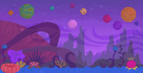 Fototapeta na wymiar Game interface layout design. Dark alien street with planets on background. Pixel game about space
