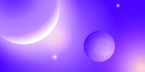 Small and large planets in space with bright stars and the Sun. Dark lilac background. Universe, galaxy, cosmos, nebula. Vector illustration
