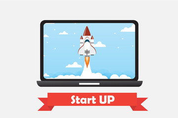 Start up rocket concept with laptop flat design vector illustration.