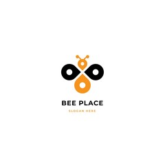 Bee logo with pin map shape to symbolize location, tourism, adventure, address
