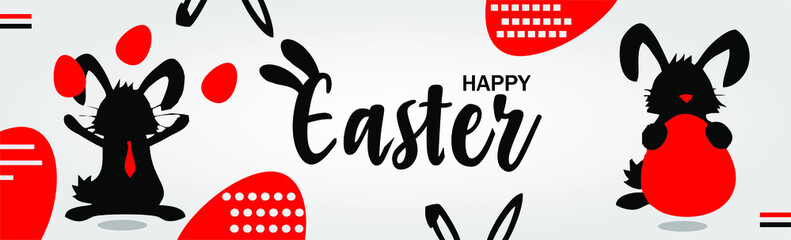 Banner or texture of happy easter with rabbit holding red eggs and gray background.