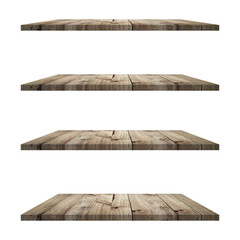 4 Wood shelves table isolated on white background and display montage for product.
