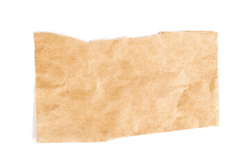 Close up of a ripped piece of brown paper on white background