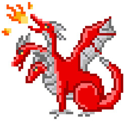 Pixel monster character red three-headed dragon. Pixelated dinosaur breathes fire isolated on white © robu_s