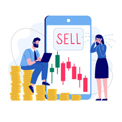 Woman, man and bearish stock market. The girl is crying because of financial losses. Falling stock prices and fixing a loss, selling. Vector concept in a flat style on a white background