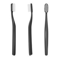 Vector 3d Realistic Black Plastic Blank Toothbrush Icon Set Isolated on White Background. Design Template, Mockup. Dentistry, Healthcare, Hygiene Concept. Tooth Brush in Front, Top, Side View