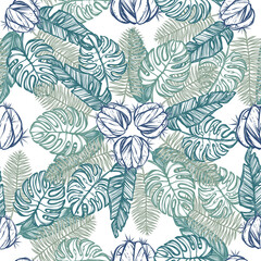 Vector illustration, Tropical summer. tropical leaves,cacti, seamless pattern, Handmade, light background