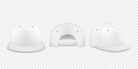Vector 3d Realistic White Blank Baseball Cap, Snapback Cap Icon Set Closeup Isolated on Transparent Background. Design Template, Mock-up for Branding, Advertise. Front, Back, Side View - obrazy, fototapety, plakaty