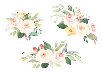 Set of floral decorations with simple roses, leaves and branches. Watercolor collection isolated bouquets on white background for wedding card, invitation, greeting or flowers decors.