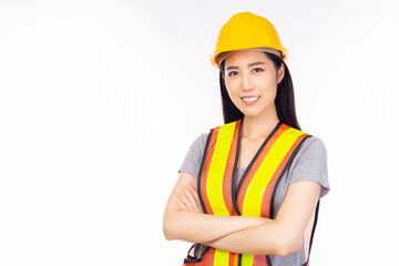 Portrait engineer woman crossed arm, wear reflective vest. Worker female look smart with confident. Young asian engineer female get successful of business. isolated on white background, copy space
