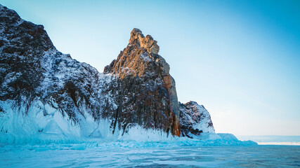 Rock Covered with Ice at Baikal Lake in Russia in Winter
