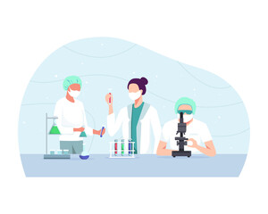 Medical research team illustration. Experimental, Biochemical scientist team working with microscope for coronavirus vaccine, Development in pharmaceutical research laboratory. Vector in a flat style