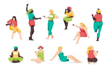 Set of girls of different races and physique relax. Flat characters illustration on white background. Body positive, plus size