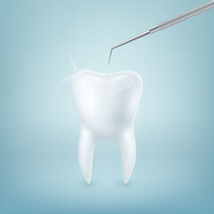 Vector 3d Realistic Tooth and Dental Probe for Teeth Closeup on Blue Background. Medical Dentist Tool. Design Template, Clipart, Mockup. Dentistry, Healthcare, Hygiene Concept