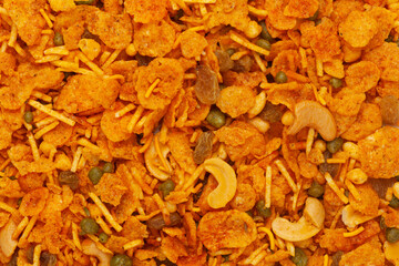 Close up of cornflex mixture Indian namkeen (snacks) Full-Frame Background. Top View
