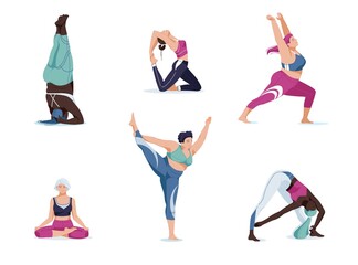 Cartoon doing Yoga set with women in different poses. Vector illustration in modern concept of yoga exercises. Different races, body positive, plus size character.