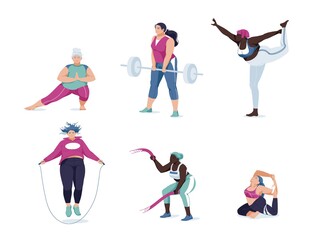 Women different races activities. Set of women doing sports, yoga, jogging, jumping, stretching, fitness. Sport women vector flat illustration isolated on white background.