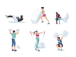 Fototapeta na wymiar Set od different cartoon people exercising at modern gym vector flat illustration. Athletic man and woman on training apparatus have various physical exercises enjoy sport activity