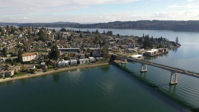 Cinematic aerial drone footage of Bremerton, Manette, Waterman, Sinclair Inlet, Puget Sound in Kitsap County, Washington State