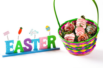 Basket full of chocolate covered strawberries for easter celebration