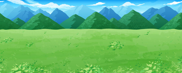 草原と山の風景イラスト_横スクロールゲームの背景_シームレス