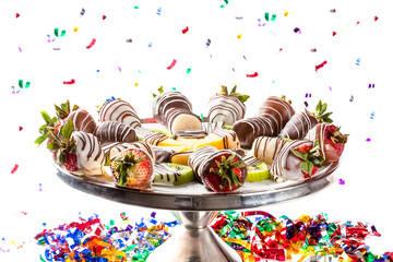 Strawberries and other fruits covered in chocolate on a plate of appetizers