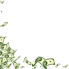 Indian rupee notes falling. Messy INR bills on whi