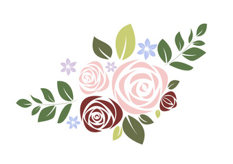 Beautiful pink and red bouquet rose and leaves. Floral arrangement isolated on background. Design greeting card and invitation of the wedding, birthday, holiday. Vector illustration.