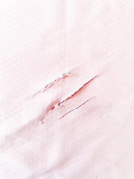 Ripped Fabric In Pink. Torn Textured Material. A Close-up Shot Of A Shred Textile. The Unique Claw Marks On Cotton Material. Baby Pink Color.