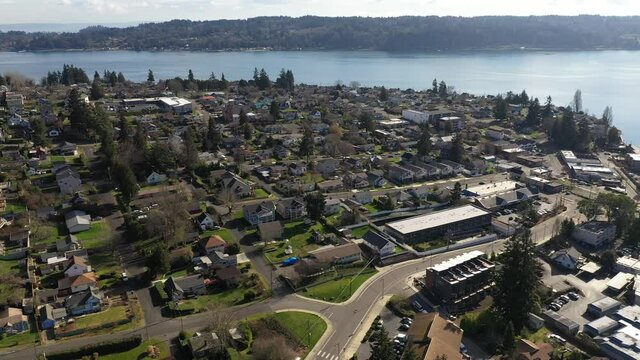 Cinematic aerial drone footage of Bremerton, Manette, Sinclair Inlet, Puget Sound, Waterman  in Kitsap County, Washington State