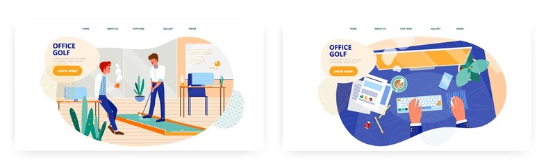 Office golf landing page design, website banner vector template set. Business people playing mini golf during the rest.