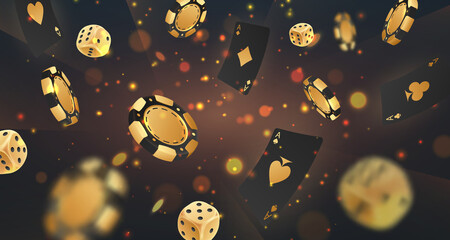 Falling golden poker chips, tokens, dices, playing cards on black with gold lights, sparkles and bokeh. Vector illustration for casino, game design, advertising. - obrazy, fototapety, plakaty