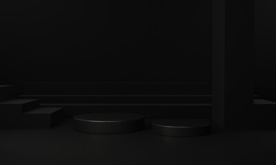 Dark black 3d background with staircase geometric shapes, podium circle on the floor. Platforms for product presentation, pedestal Abstract composition design, showcase, promotion , copy space