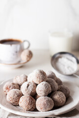 Homemade cottage cheese donuts balls with powdered sugar in a bowl on a light background. Beautiful breakfast. 